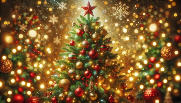 Árvore de Natal com estrelas e luzes em fundo bokeh