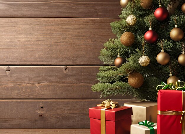 Árvore de Natal com fundo de madeira