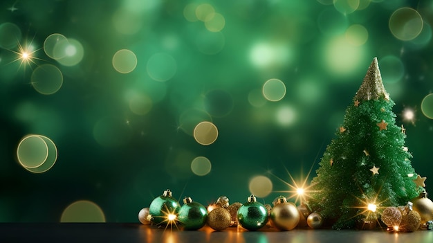 Árvore de Natal com fundo verde e dourado de ano novo decorada com bokeh de bolas