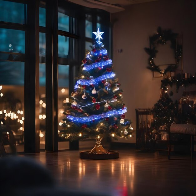 Árvore de Natal com iluminação na sala de estar