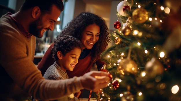 Árvore de Natal com lâmpadas acesas com crianças