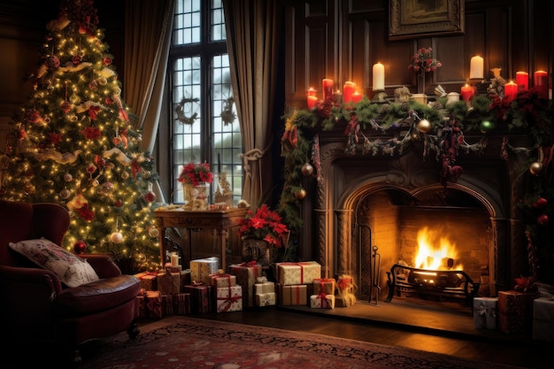 Árvore de Natal com lareira na sala de estar com IA generativa