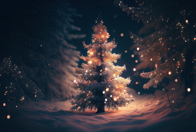 Árvore de natal com luz brilhante na floresta de inverno