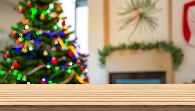 Árvore de Natal com mesa de madeira superior e desfoque de fundo antes do dia de Natal