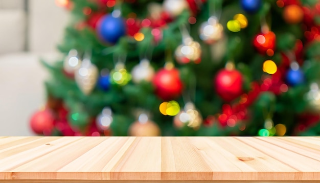 Árvore de Natal com mesa de madeira superior e desfoque de fundo antes do dia de Natal