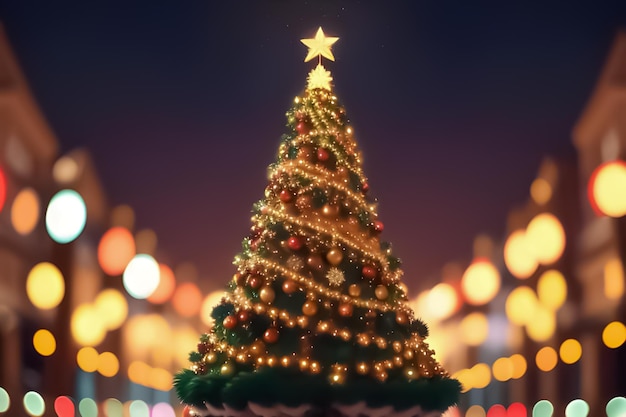 Árvore de Natal com ornamentos de ouro vermelho e bolinhas em luzes bokeh borrosas de fundo IA generativa