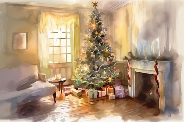 Árvore de natal com presentes na sala Estilo de pintura em aquarela