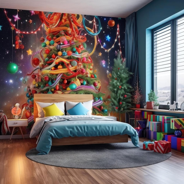 Árvore de natal com presentes no quarto