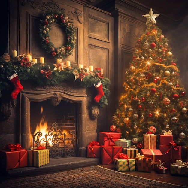 Árvore de Natal com presentes perto da lareira