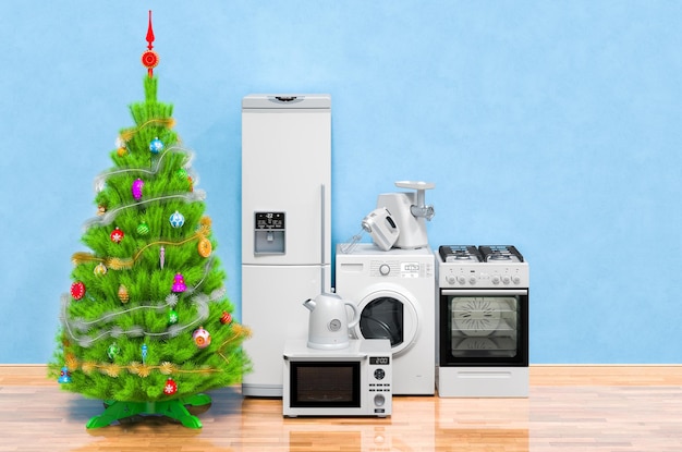 Árvore de Natal com utensílios domésticos e de cozinha na sala na renderização 3D do piso de madeira