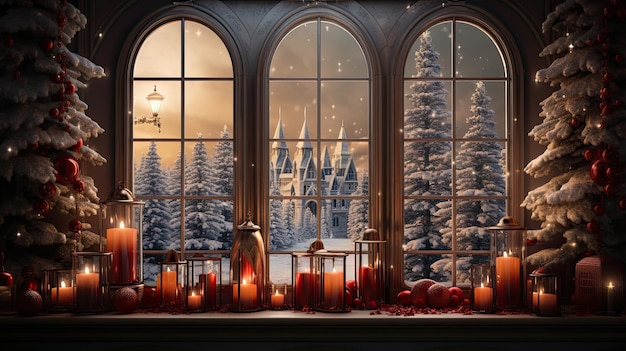 Árvore de Natal com velas no peitoril da janela Conceito de Natal e Ano Novo