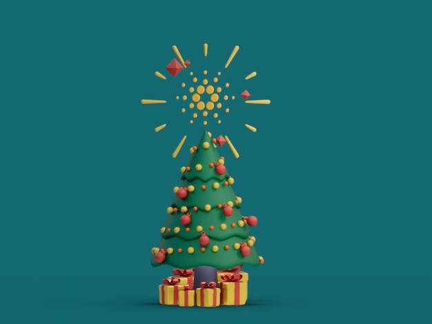 Árvore de Natal de Cardano decorativa festiva criptomoeda renderização de ilustração 3D