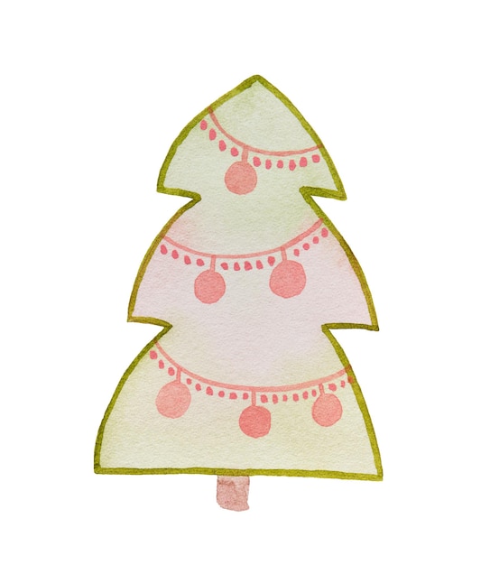 Árvore de natal de desenhos animados em aquarela com bolas de natal Ilustração desenhada à mão em cores verdes rosa