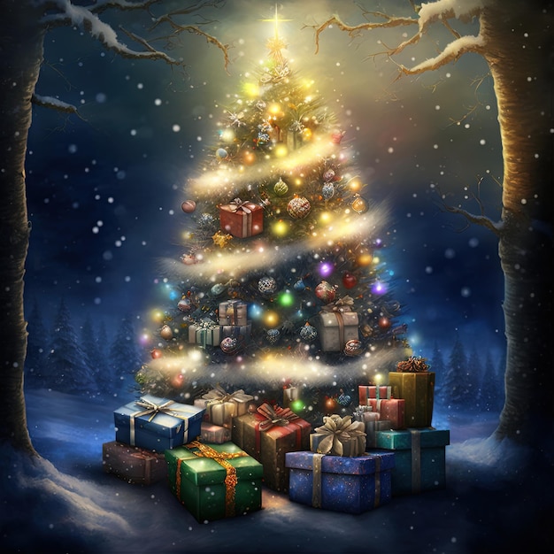 Árvore de natal de fantasia com presentes comemorando feliz natal. fundo do cartão de natal