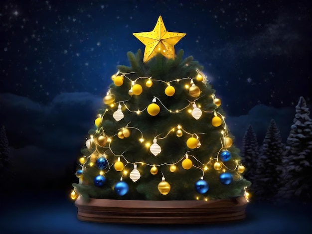 Árvore de Natal de foto com guirlandas amarelas, lâmpadas decorativas e grande tampa de estrela branca no céu azul da noite