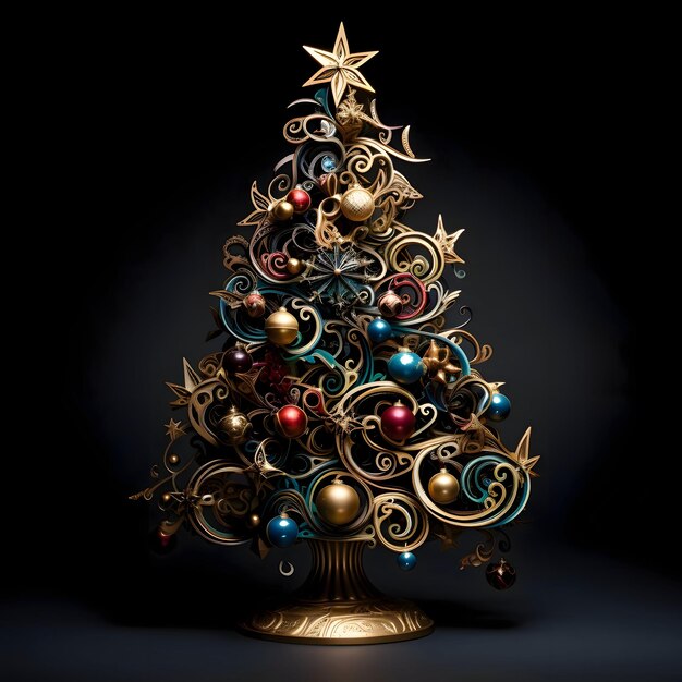 Árvore de Natal de metal com bolas em um fundo preto árvore de Natal como um símbolo do Natal do nascimento do Salvador
