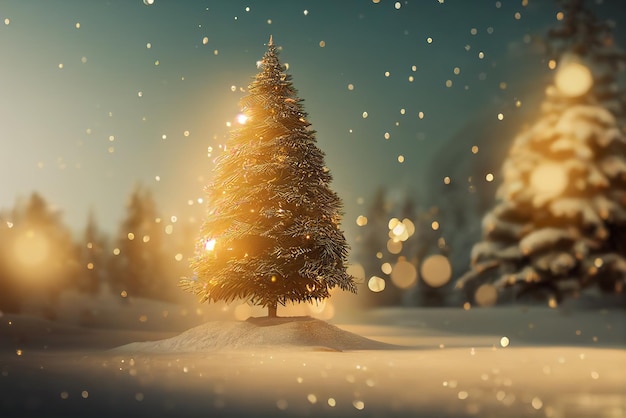 Árvore de Natal decorada coberta de neve em uma floresta de inverno Cartão de saudação de Natal Natal na floresta de inverno