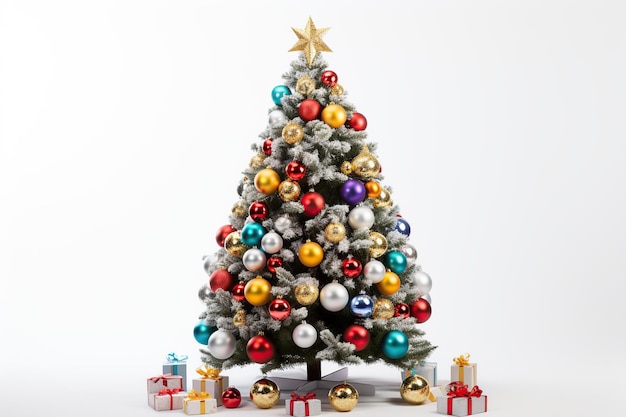 Árvore de Natal decorada com caixas de presente em fundo branco