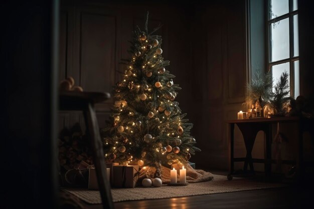 Árvore de Natal decorada com com bolas e guirlandas em um interior de casa aconchegante tradição de ano novo