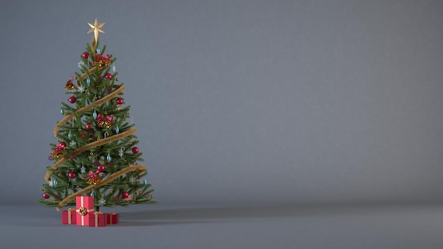 Árvore de Natal decorada com enfeites vermelhos e dourados e presentes em fundo vertical cinza escuro.