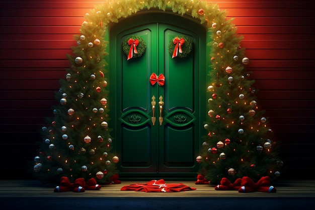 Árvore de Natal decorada com luzes de pé na entrada da porta decorada Gerada por IA