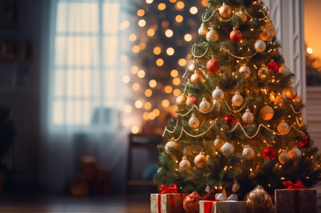 Árvore de Natal decorada com muitos ornamentos decoração interior árvore e fundo gerado AI