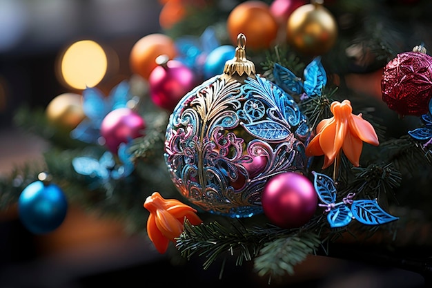 Árvore de Natal decorada com vários ornamentos criados com IA generativa
