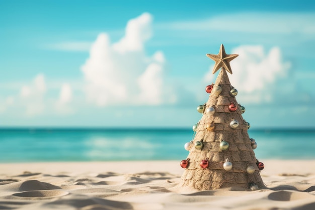 Árvore de Natal decorada na praia Férias de Natal de verão em uma ilha tropical