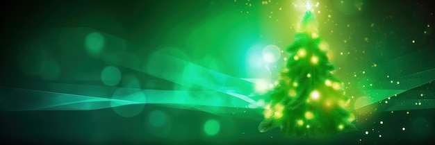 Árvore de Natal decorada por luzes brilhantes mágicas com um lugar para o texto em um banner de fundo verde