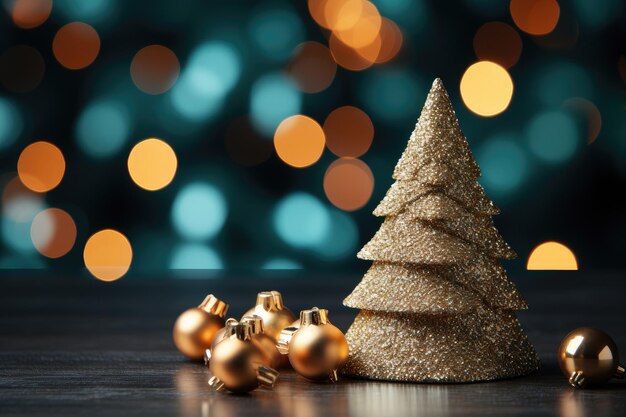 Árvore de Natal decorativa dourada com bolas de brinquedos sobre um fundo escuro com destaques