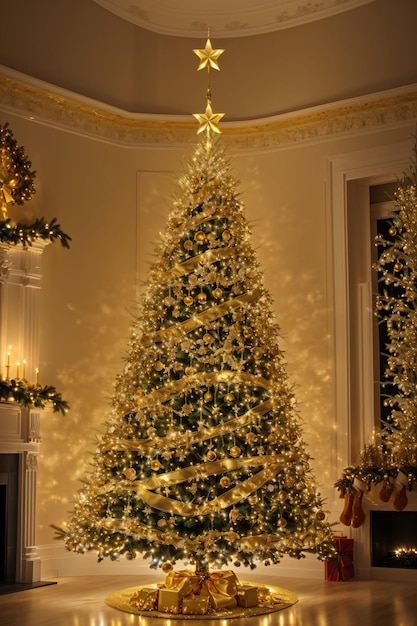 Árvore de Natal dourada com banner de papel de parede de luzes brilhantes xmas