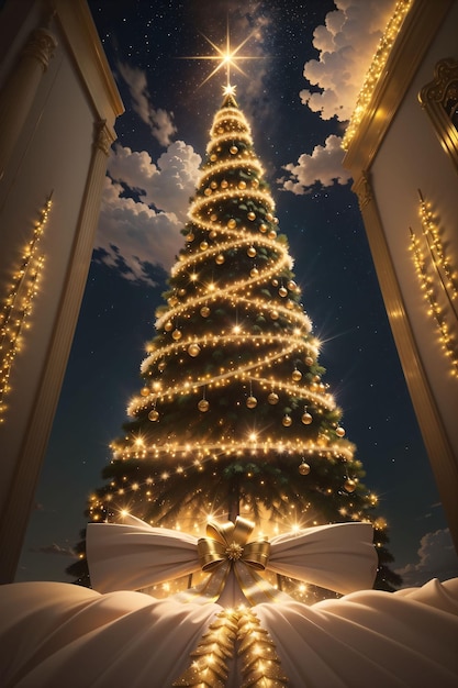 Árvore de Natal dourada com banner de papel de parede de luzes brilhantes xmas