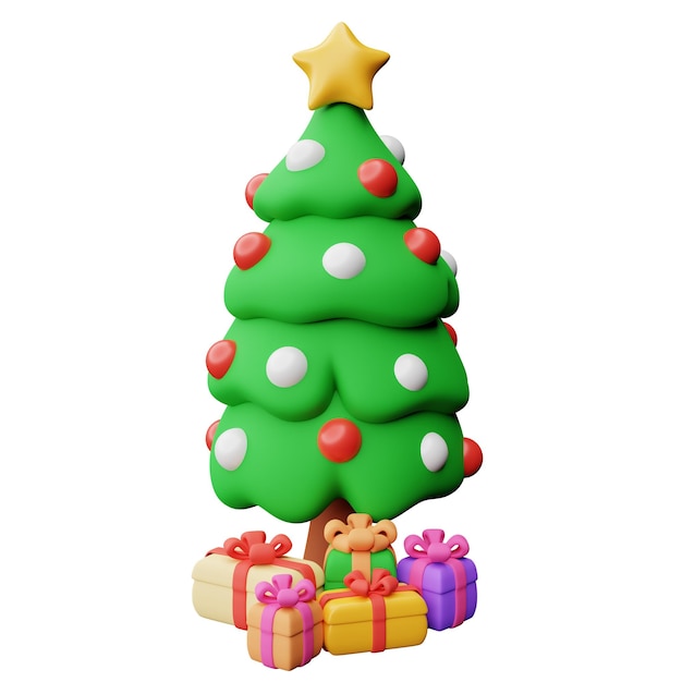 Árvore de Natal e caixas de presente renderização 3d ilustração estilo cartoon ornamento de decoração de Natal