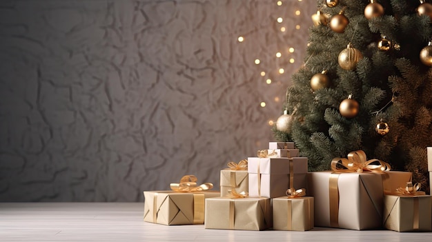 Árvore de Natal e caixas de presentes empilhadas em torno da árvore em uma casa aconchegante