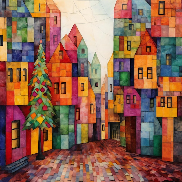 Árvore de Natal e casas na cidade velha Ilustração a aquarela