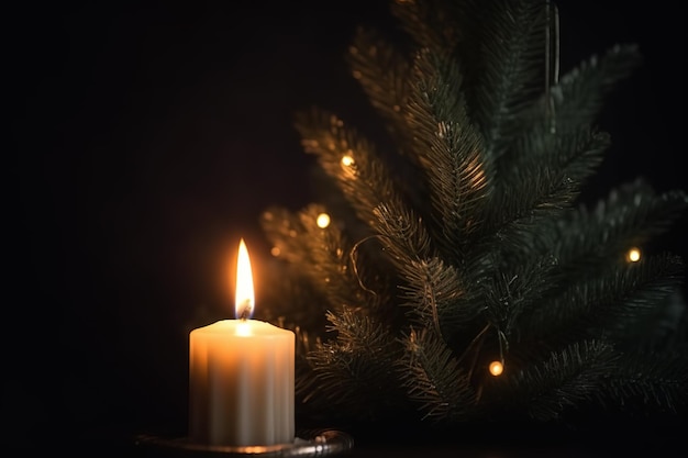 Árvore de Natal e chama de vela com fundo abstrato de decoração de luzes