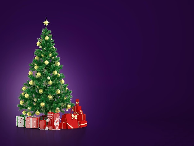 Árvore de Natal e fundo roxo da bandeira da promoção do conceito do presente do ano novo feliz. renderização em 3D
