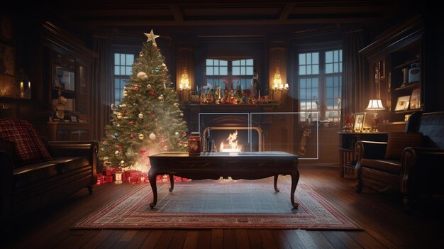 Árvore de Natal e lareira na sala de estar renderização 3D