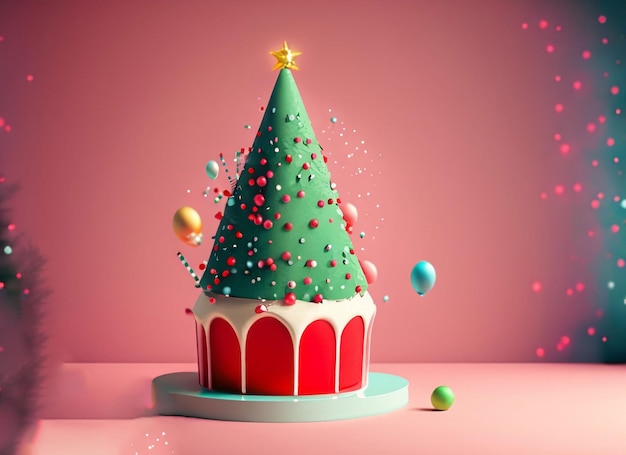 Árvore de Natal e presente de bolo e fundo de festa