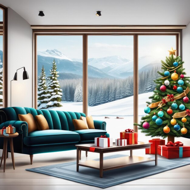Árvore de Natal e presentes num luxuoso apartamento com vista para a cidade coberta de neve