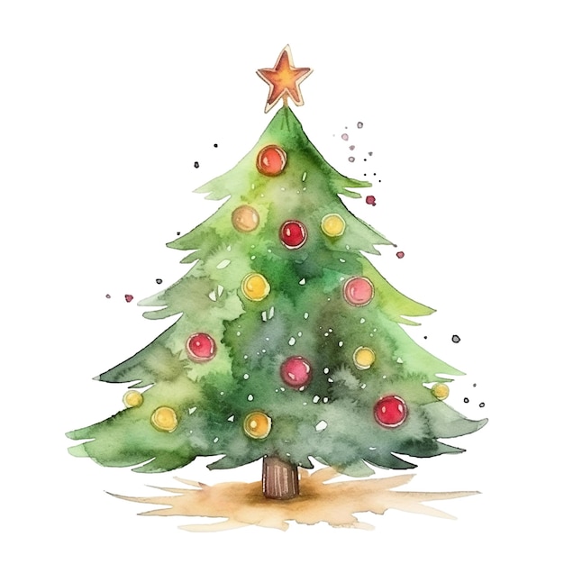 Árvore de Natal em aquarela com bolas isoladas em branco Generative ai
