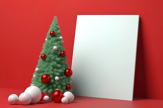 Árvore de Natal em fundo vermelho com papel branco em branco com espaço de cópia de moldura Gerado por IA