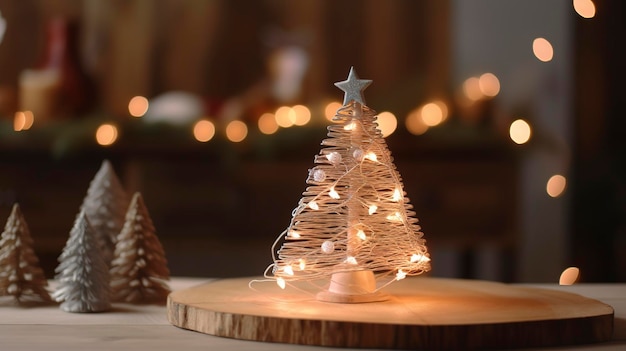 Árvore de Natal em mesa de mesa de madeira vazia com espaço de cópia sobre o bokeh de Natal exibição de fundo de luz desfocada gera ai