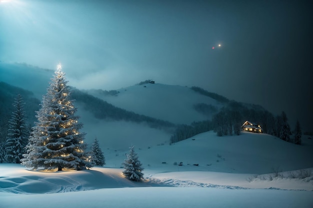 Árvore de Natal em paisagem de neve branca idílica conceito de banner de cartão de saudação com espaço de cópia