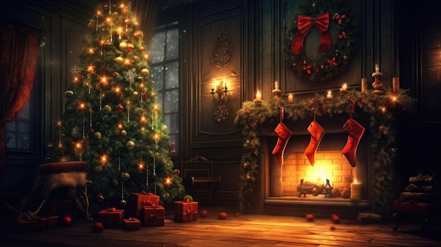Árvore de Natal em um clássico interior de madeira à noite