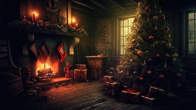 Árvore de Natal em um clássico interior de madeira à noite