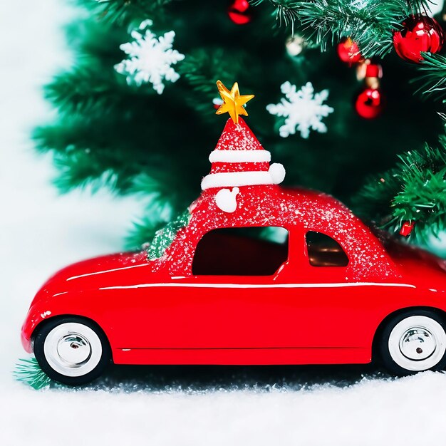 Árvore de Natal em um fundo de férias de inverno de decoração de brinquedo de carro vermelho retrô gerado por AI