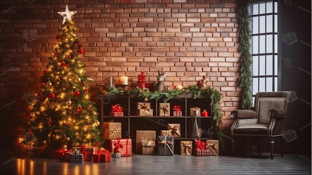 Árvore de natal em uma sala com uma árvore de natal e um piano