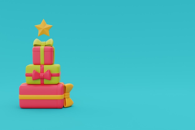 Árvore de natal feita de caixas de presente de natal feliz natal e feliz ano novo renderização em 3d