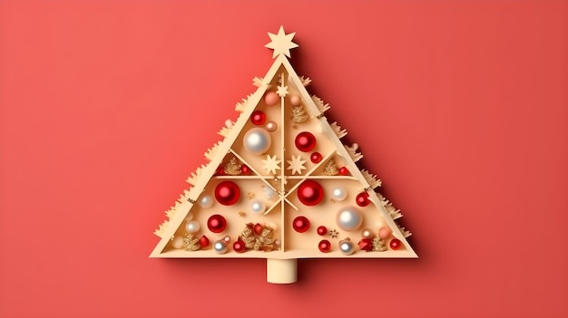 Árvore de Natal feita de papel com bolas de decoração de Natal vermelhas e brancas sobre fundo vermelho